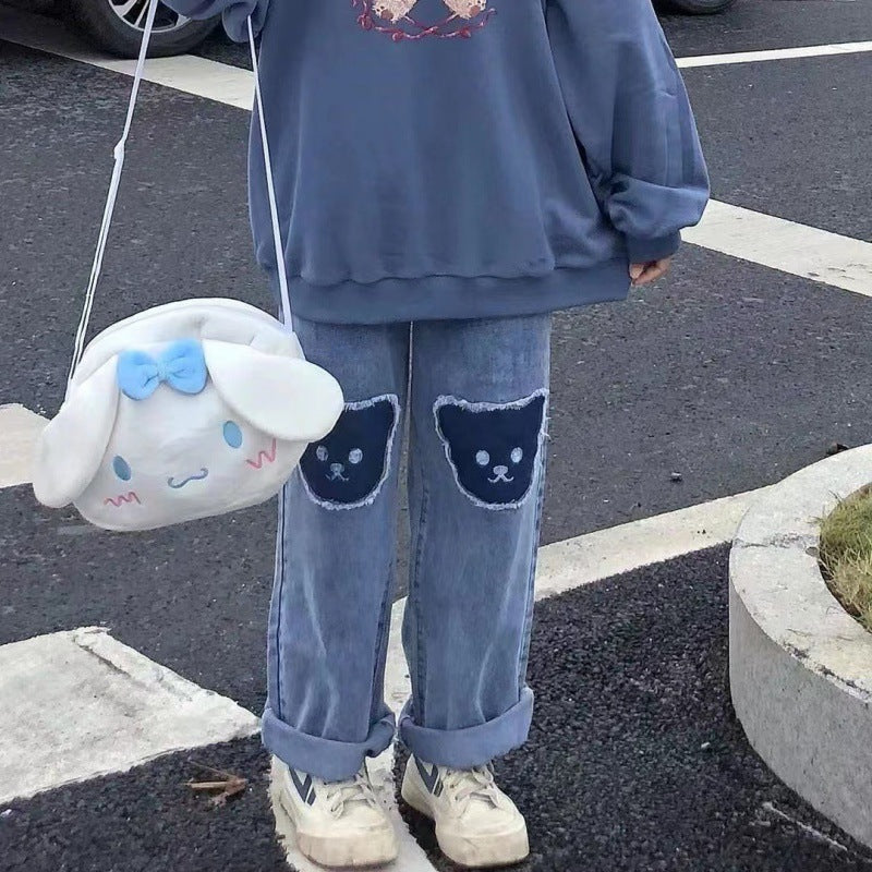 Kiss+United Knee Bear Patchwork Jeans Women's New Loose Wide-leg Pants