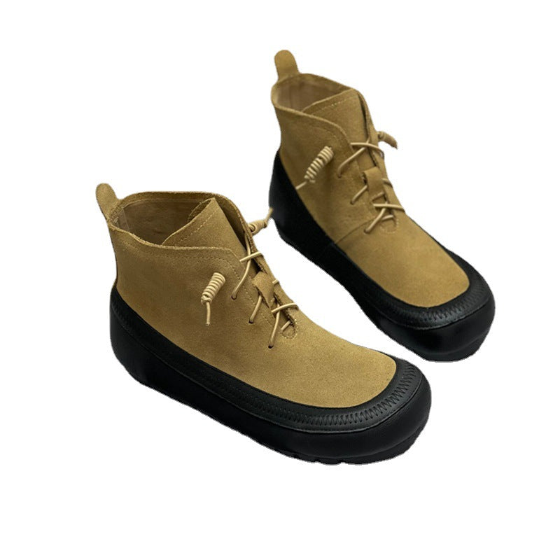 Kiss+United Round Head Soft Leather Soft Sole Color Collision Stitching Elastic Rope Ankle Boots