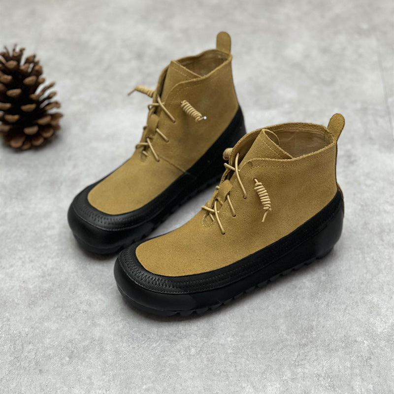 Kiss+United Round Head Soft Leather Soft Sole Color Collision Stitching Elastic Rope Ankle Boots