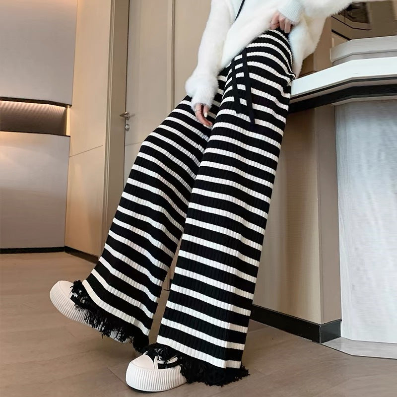 Kiss+United Women's Striped Tassel Knitted Wide-leg Pants