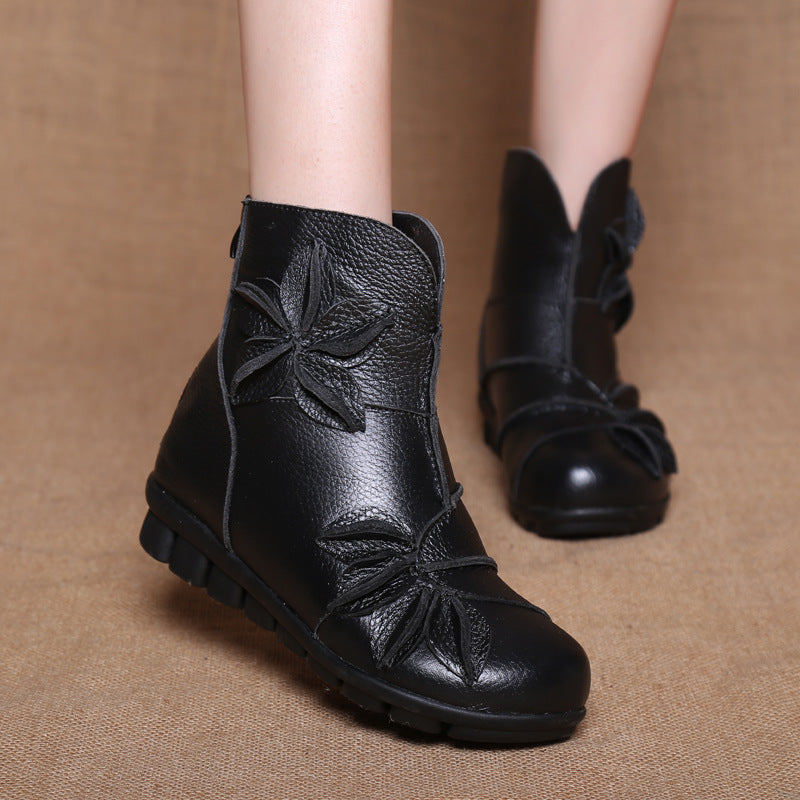 Kiss+United Genuine Leather Mom Booties Women's Flat Bottom Comfort Ethnic Style Women's Boots