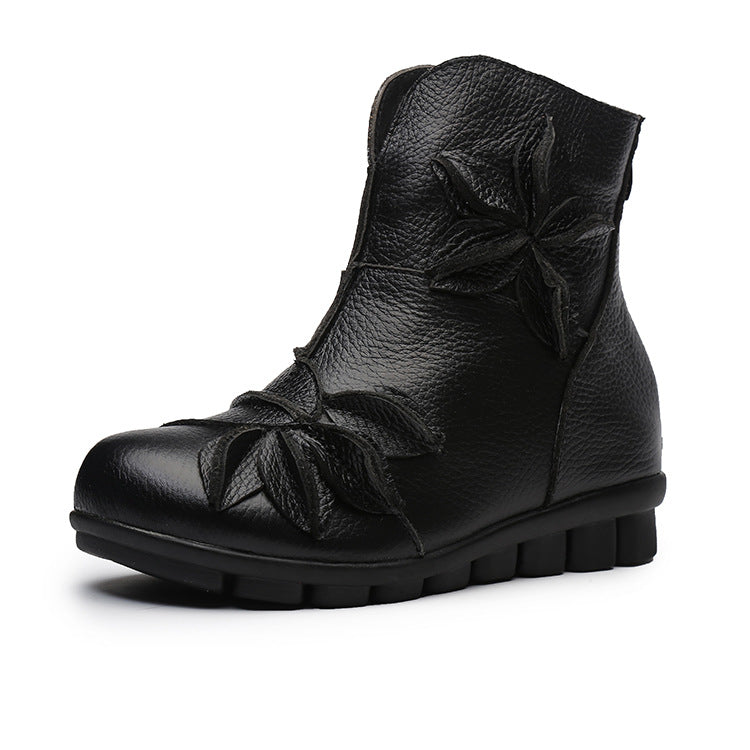 Kiss+United Genuine Leather Mom Booties Women's Flat Bottom Comfort Ethnic Style Women's Boots