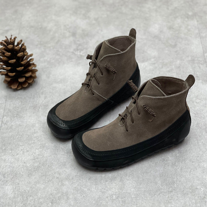 Kiss+United Round Head Soft Leather Soft Sole Color Collision Stitching Elastic Rope Ankle Boots