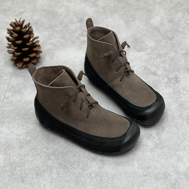 Kiss+United Round Head Soft Leather Soft Sole Color Collision Stitching Elastic Rope Ankle Boots