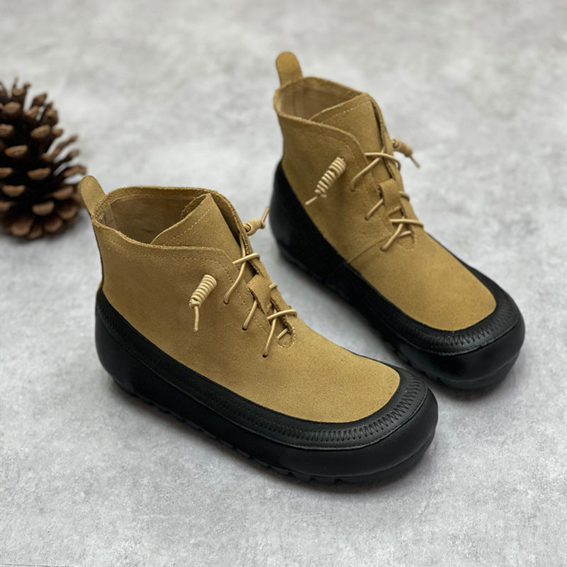Kiss+United Round Head Soft Leather Soft Sole Color Collision Stitching Elastic Rope Ankle Boots