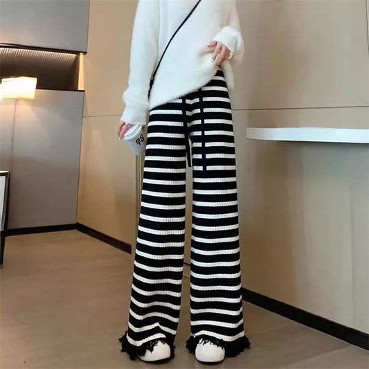 Kiss+United Women's Striped Tassel Knitted Wide-leg Pants