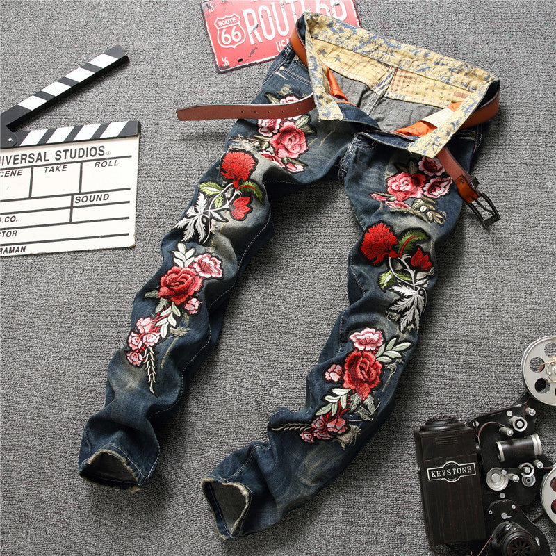 Kiss+United Spring Punk Men's Embroidered Rose Denim Trousers Mid Waist Casual