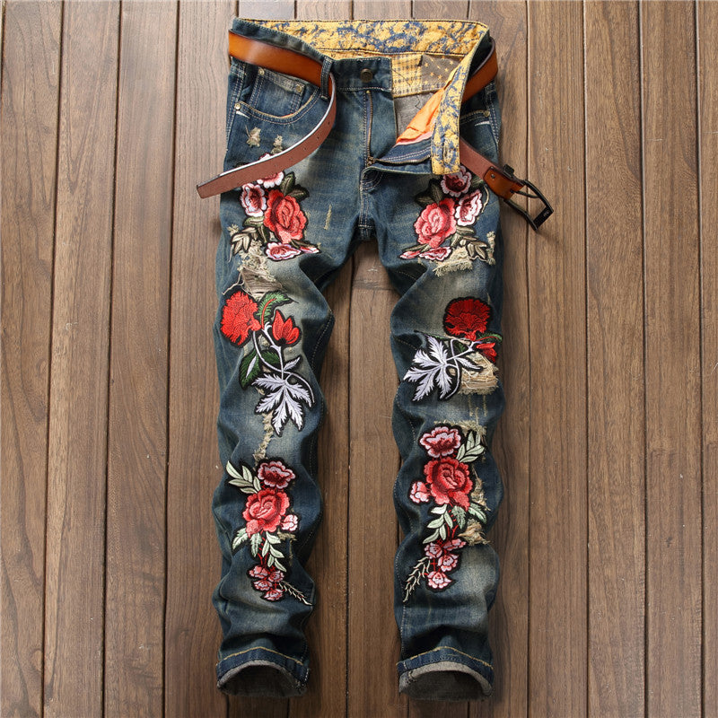 Kiss+United Spring Punk Men's Embroidered Rose Denim Trousers Mid Waist Casual