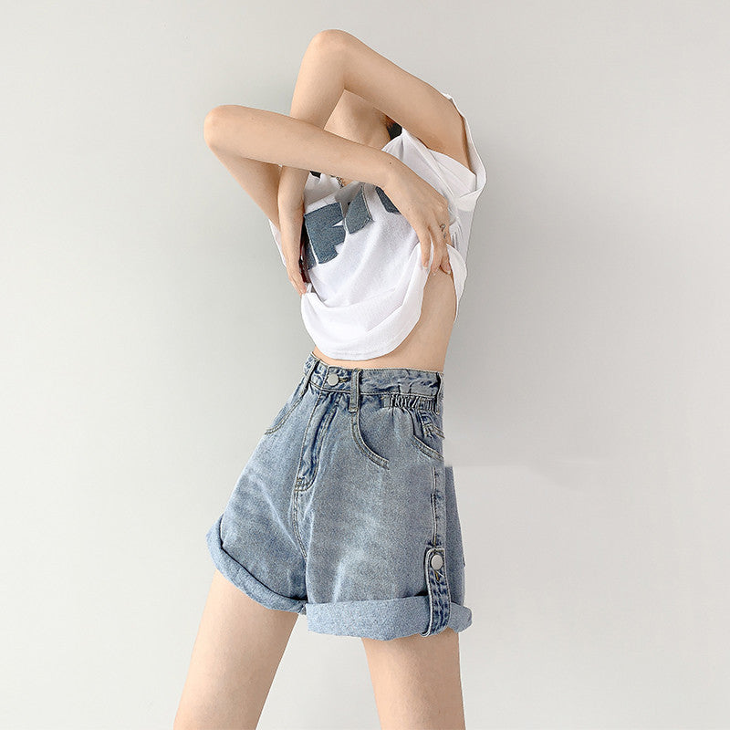 Kiss+United Women's Fashionable Hot Girl Overalls Denim Shorts Women Rolled Hem