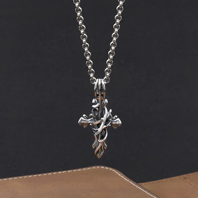 Men's And Women's Fashion Sterling Silver Vintage Vine Cross Necklace